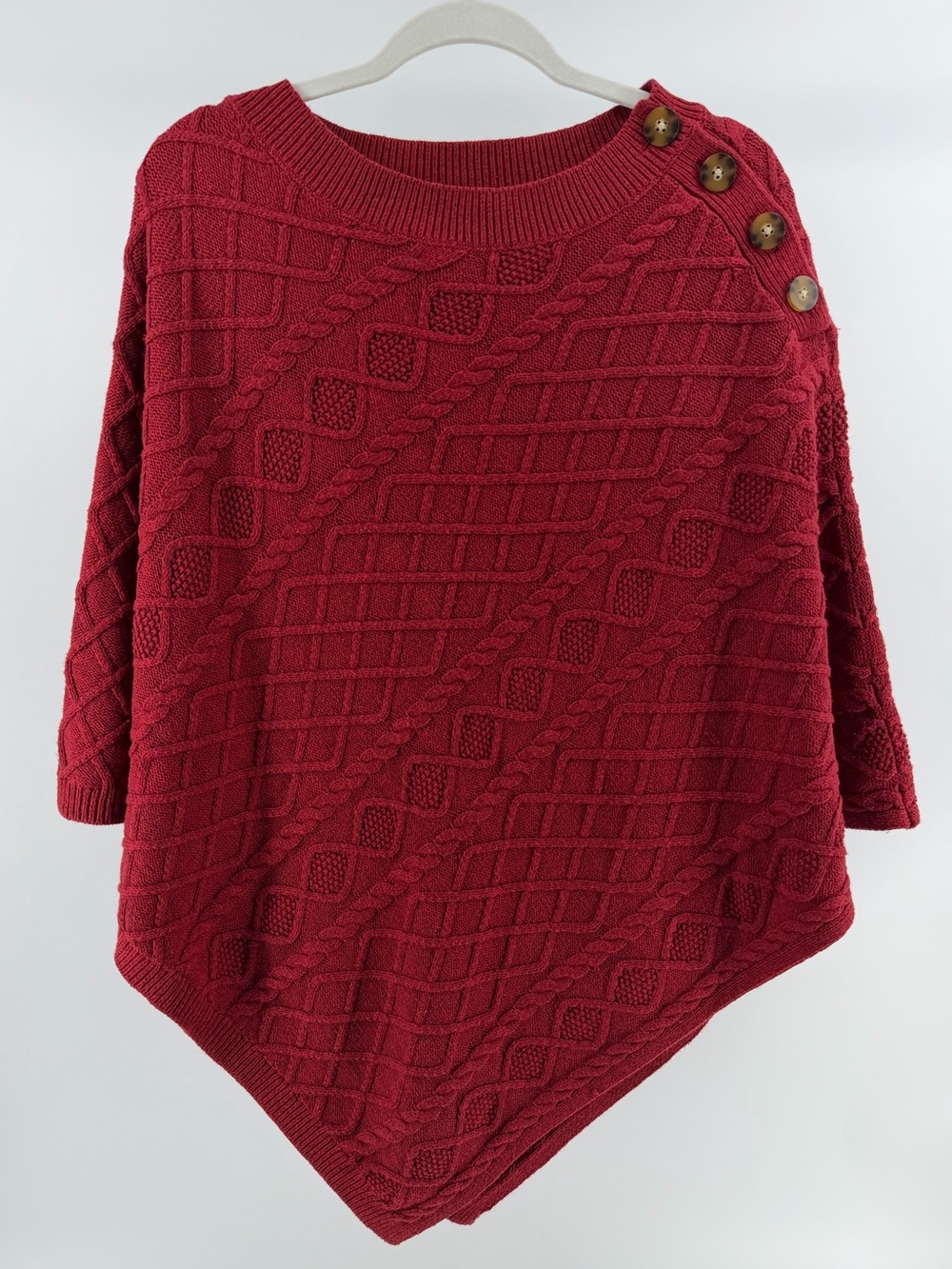 J. Jill Red Cable-Knit Sweater Poncho, Button Detail, Cotton Blend, Size XL-3X